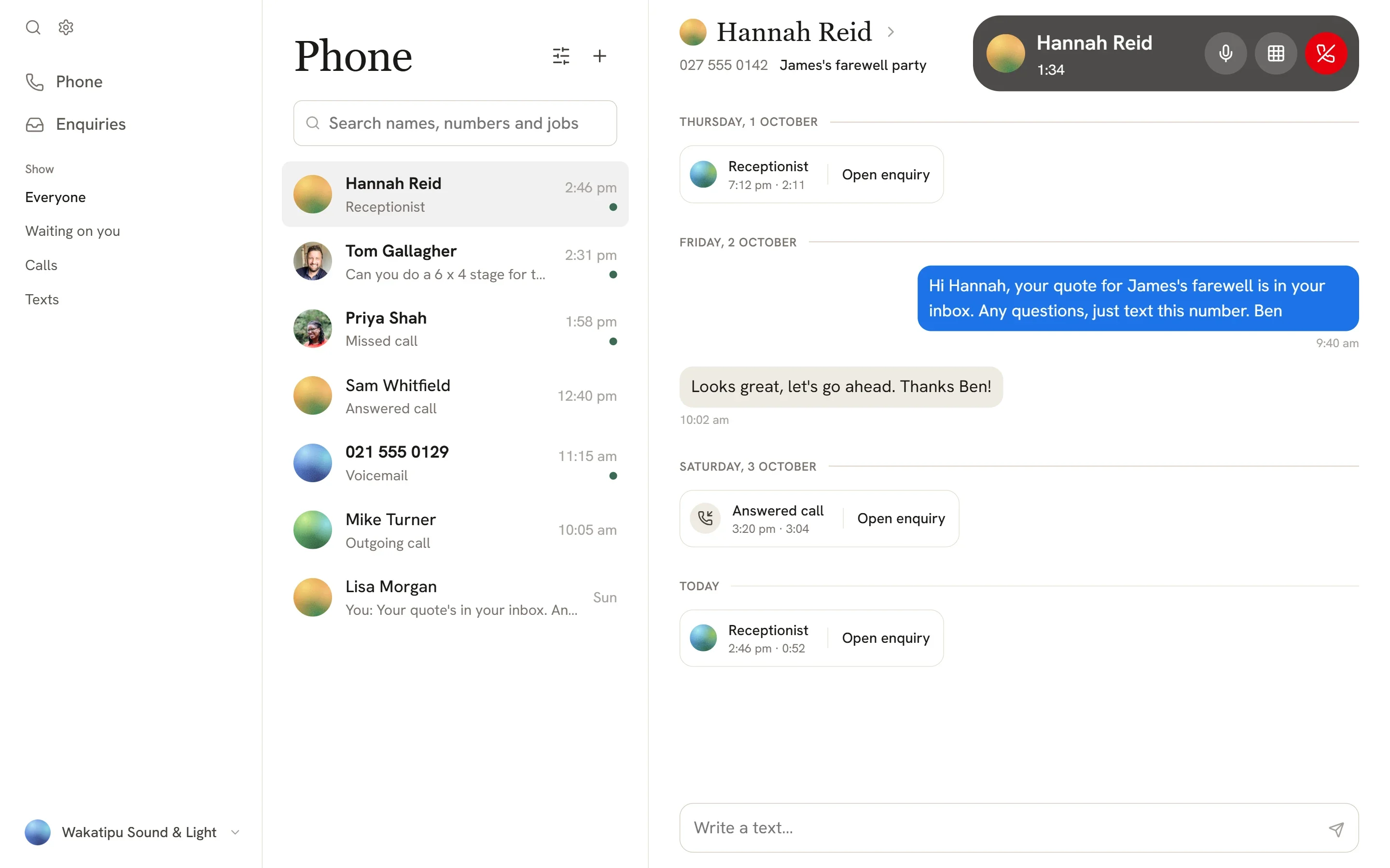 HireOS on a desk: the Phone page, on a call with Hannah Reid, her calls and texts open beside it