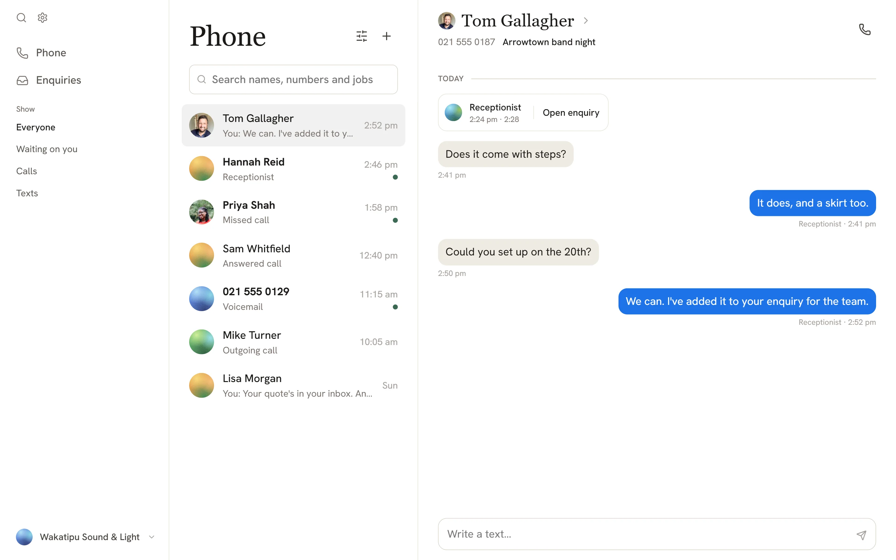 Tom Gallagher in HireOS: the receptionist took his call, then answered his two questions by text
