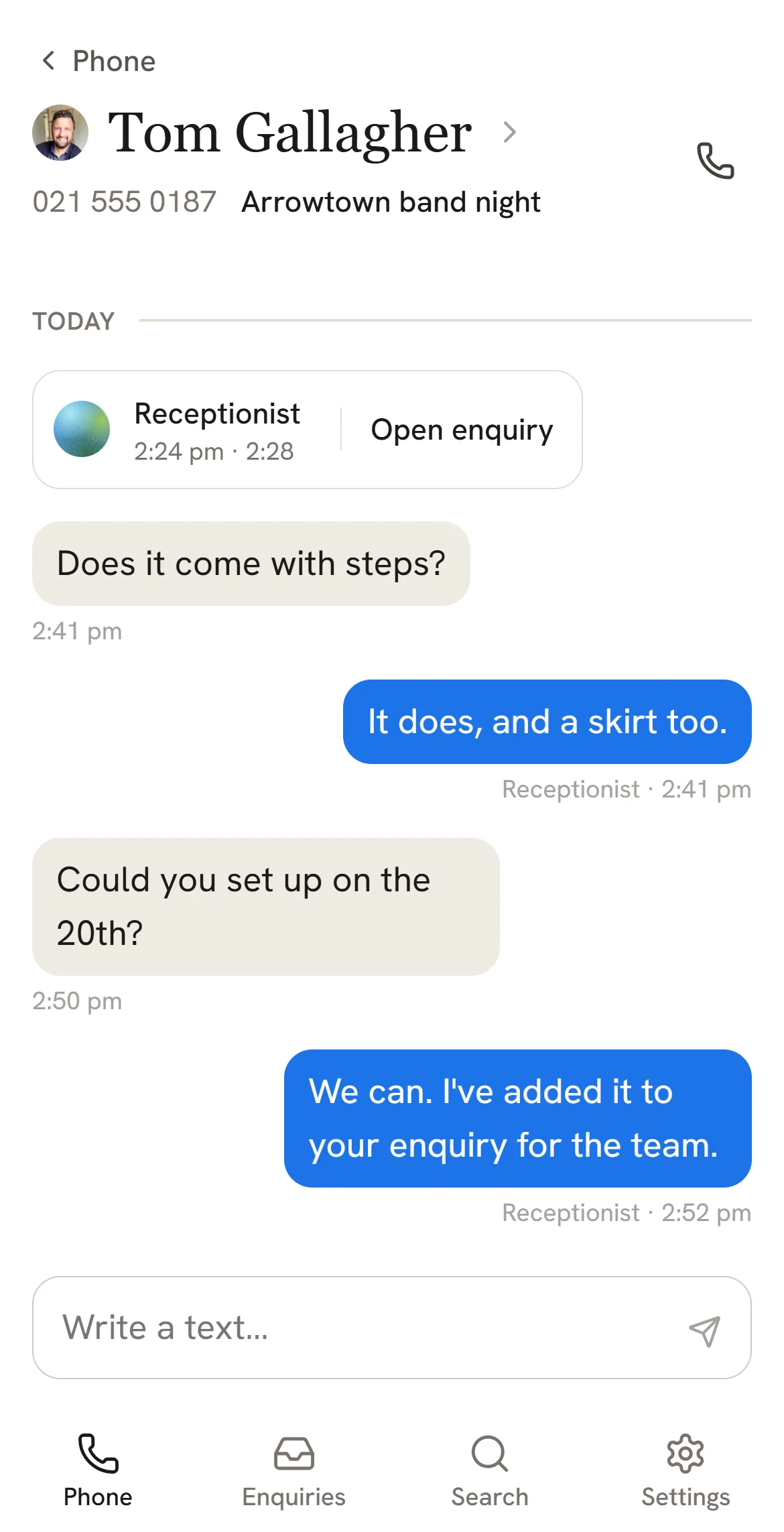 Tom Gallagher on a phone: the receptionist took his call, then answered his two questions by text